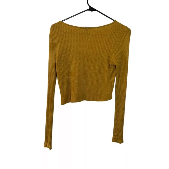 Ambiance Mustard Yellow Crop Top Medium Long Sleeve Waffle Knit Button Accents - Picture 2 of 4